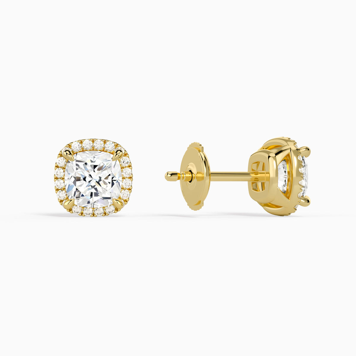 Cushion Halo Diamond Stud Earrings in 18K Yellow Gold