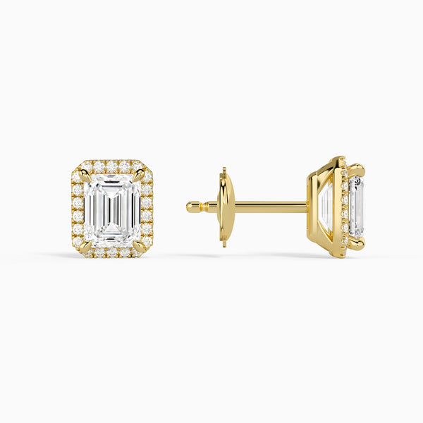 Emerald Halo Diamond Stud Earrings in 14K Yellow Gold