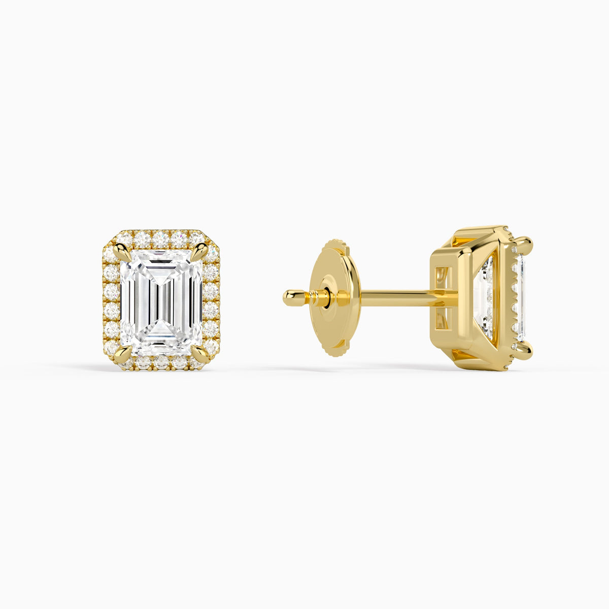 Emerald Halo Diamond Stud Earrings in 14K Yellow Gold