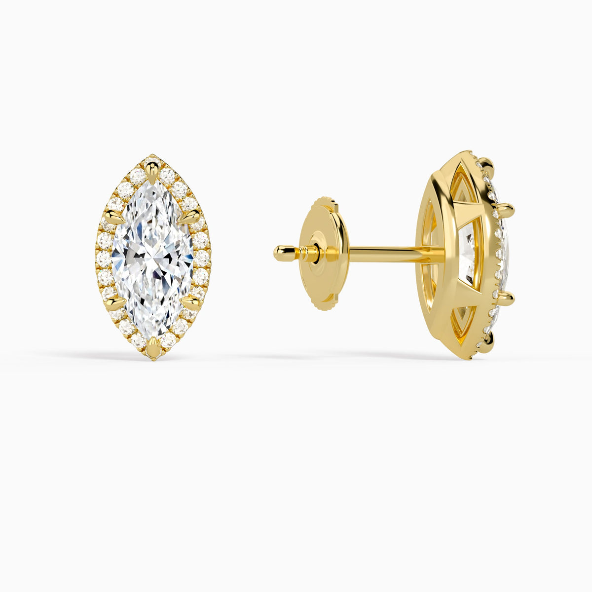 Marquise Halo Diamond Stud Earrings in 18K Yellow Gold