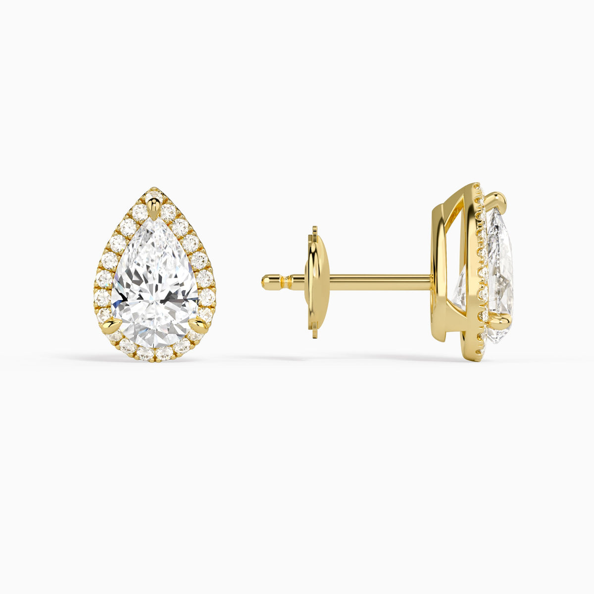 Pear Halo Diamond Stud Earrings in 18K Yellow Gold
