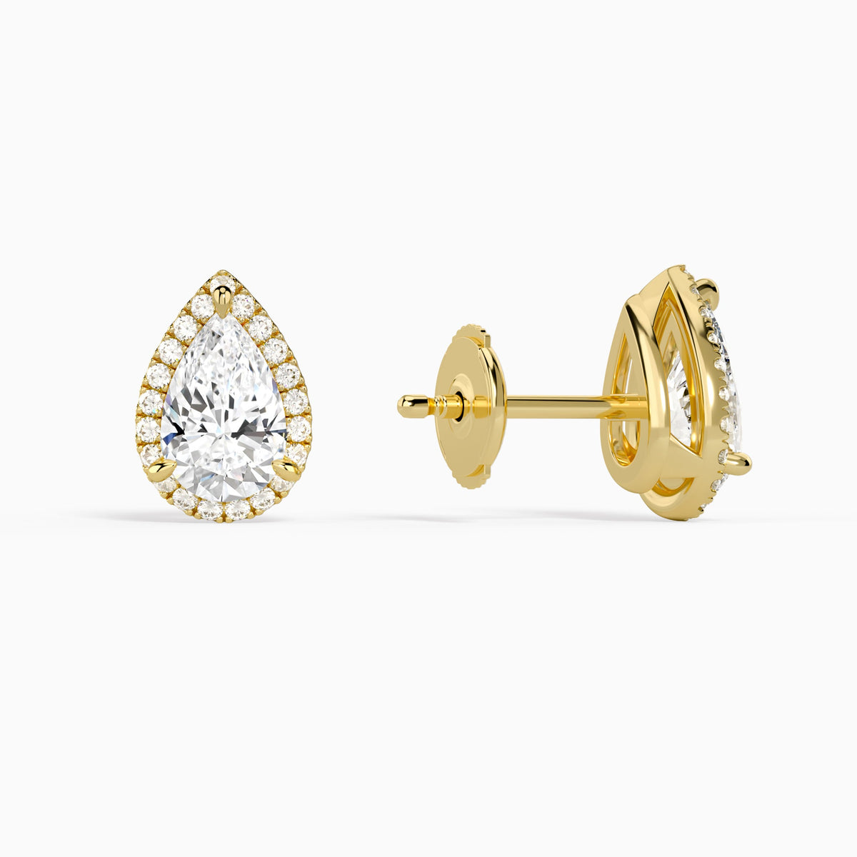 Pear Halo Diamond Stud Earrings in 14K Yellow Gold
