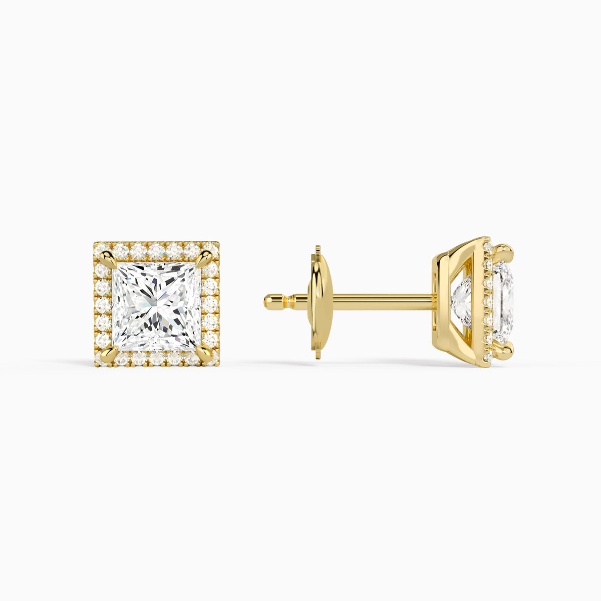 Princess Halo Diamond Stud Earrings in 18K Yellow Gold