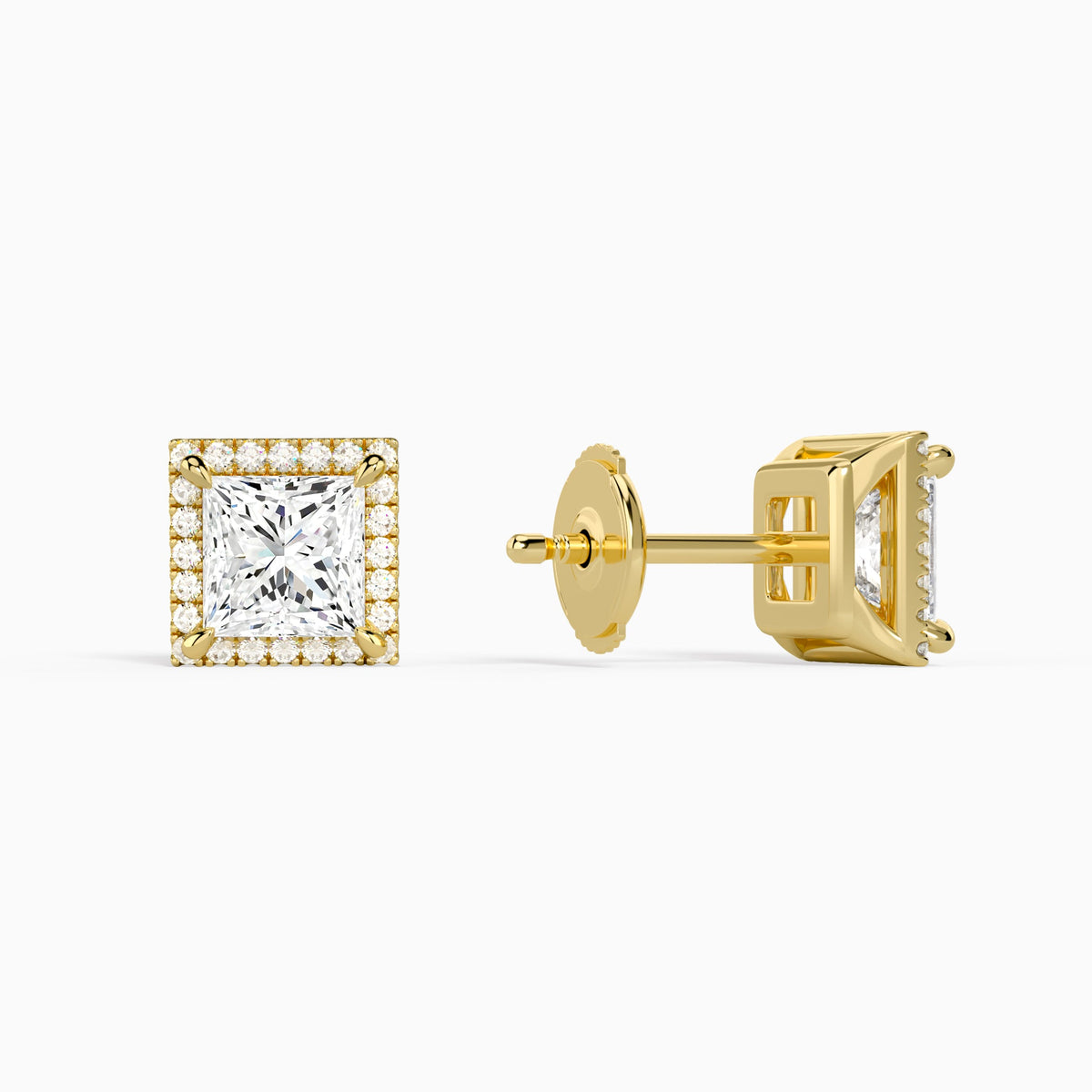 Princess Halo Diamond Stud Earrings in 14K Yellow Gold