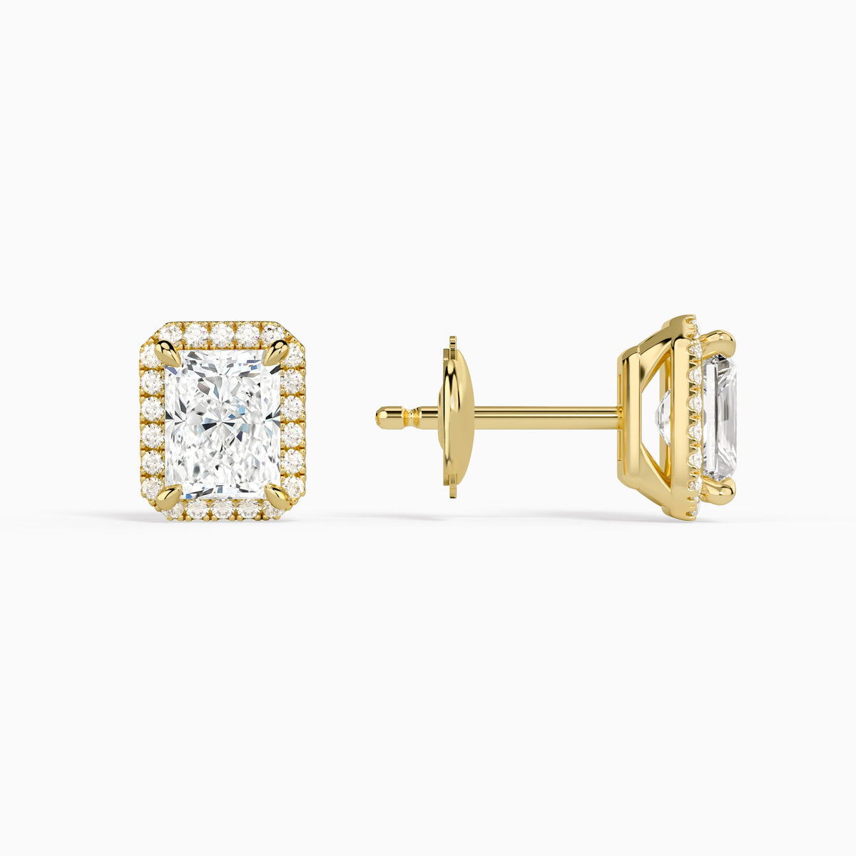 Radiant Halo Diamond Stud Earrings in 14K Yellow Gold