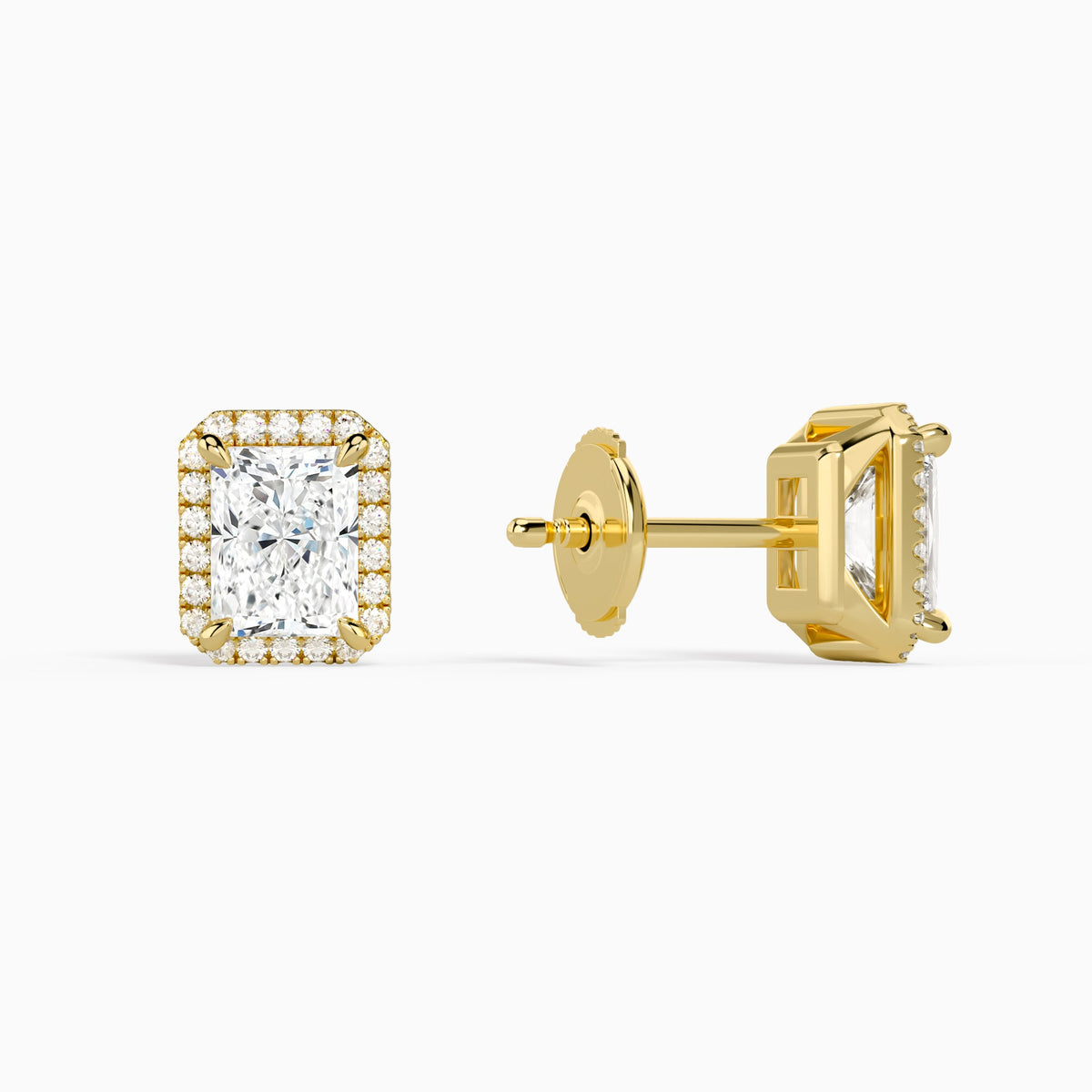 Radiant Halo Diamond Stud Earrings in 18K Yellow Gold