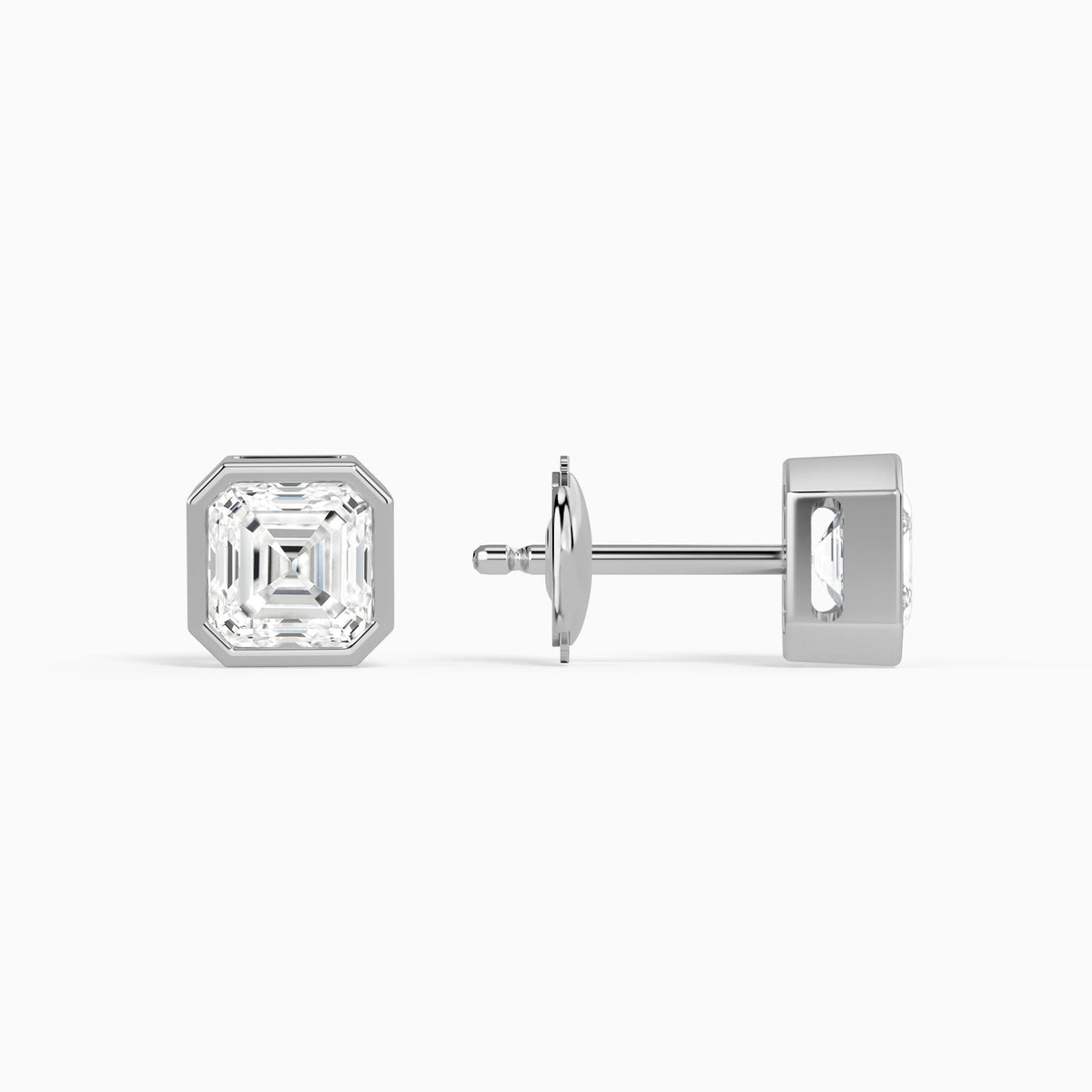 Asscher Bezel Solitaire Diamond Stud Earrings in Platinum