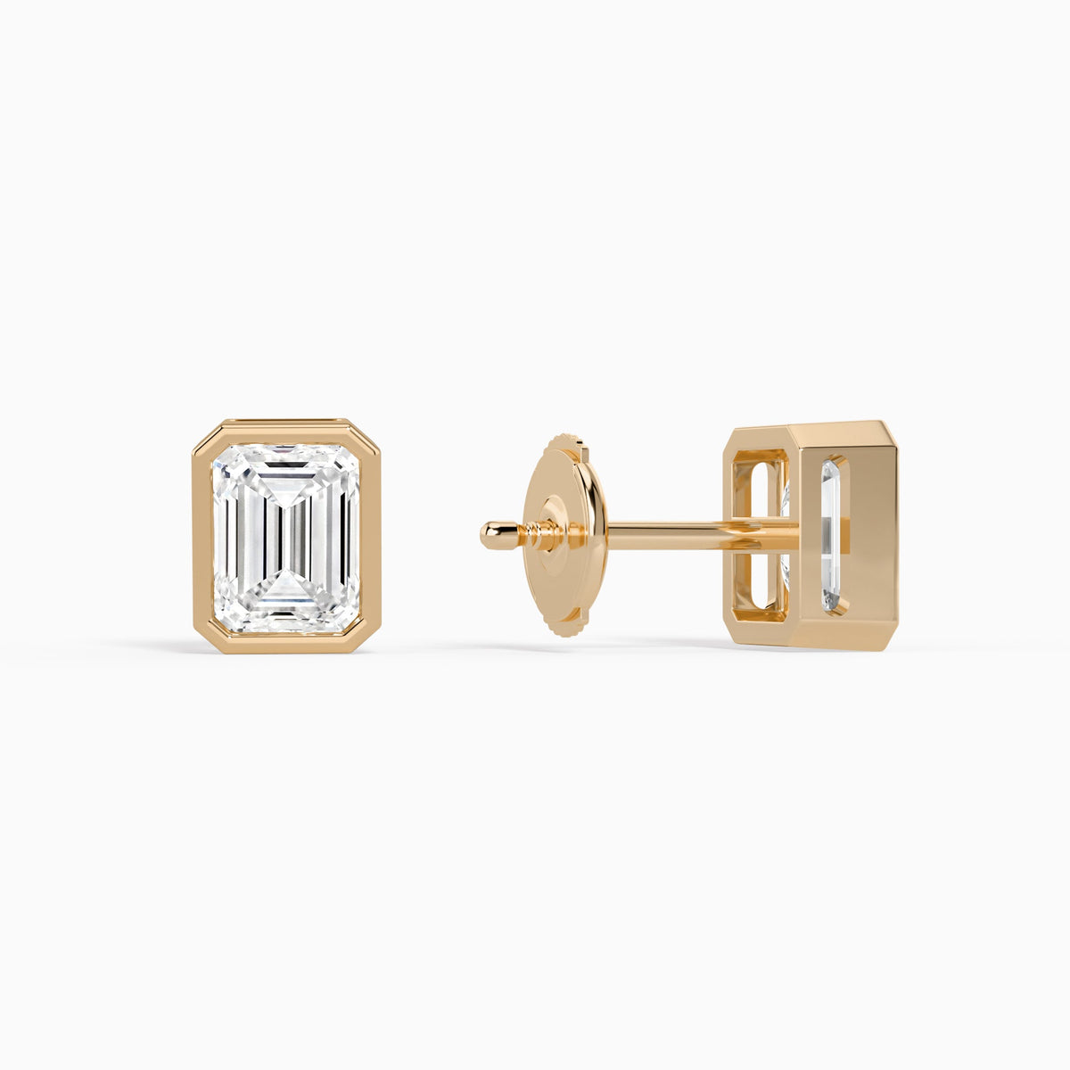 Emerald Bezel Solitaire Diamond Stud Earrings in 14K Rose Gold