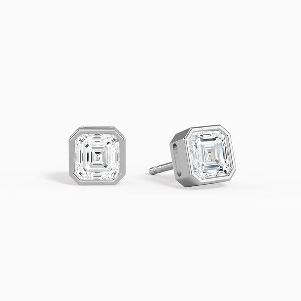 Asscher Bezel Solitaire Diamond Stud Earrings in 14K White Gold