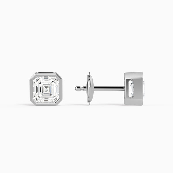 Asscher Bezel Solitaire Diamond Stud Earrings in 14K White Gold