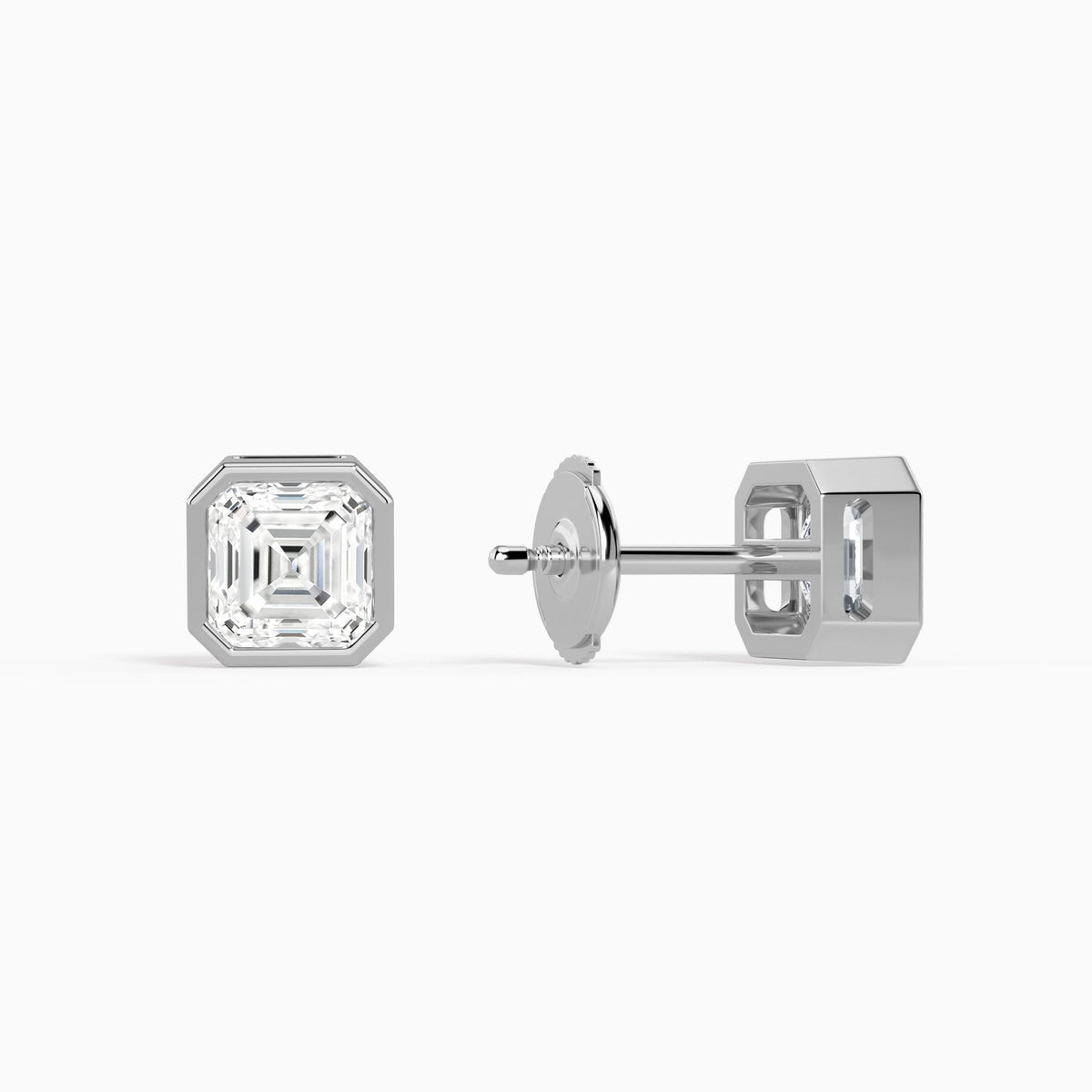 Asscher Bezel Solitaire Diamond Stud Earrings in 18K White Gold