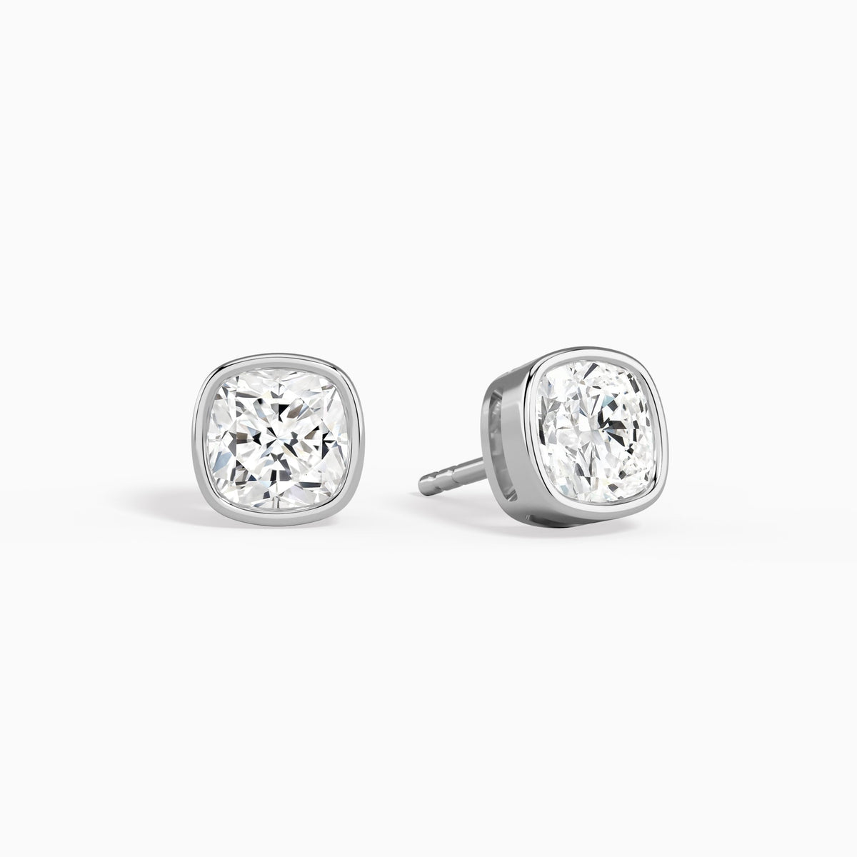 Cushion Bezel Solitaire Diamond Stud Earrings in 14K White Gold