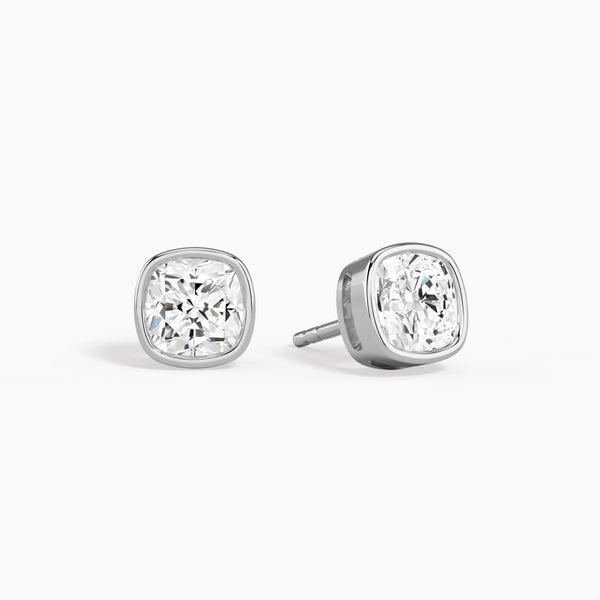 Cushion Bezel Solitaire Diamond Stud Earrings in 14K White Gold