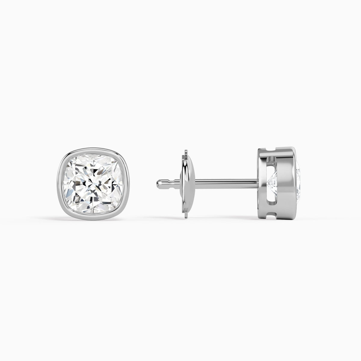 Cushion Bezel Solitaire Diamond Stud Earrings in 14K White Gold