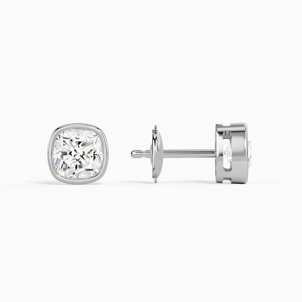 Cushion Bezel Solitaire Diamond Stud Earrings in 14K White Gold