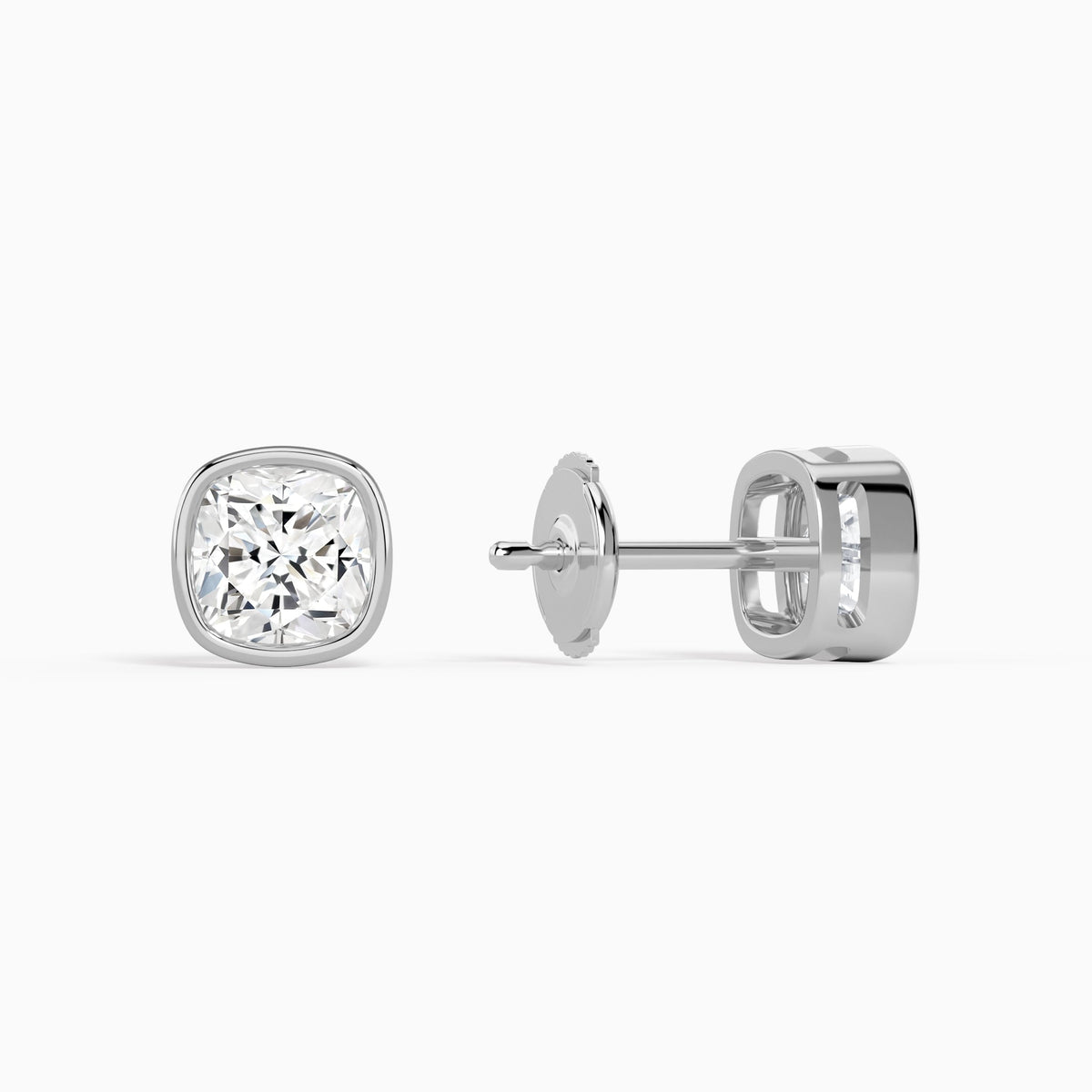 Cushion Bezel Solitaire Diamond Stud Earrings in 14K White Gold