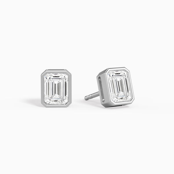 Emerald Bezel Solitaire Diamond Stud Earrings in 14K White Gold