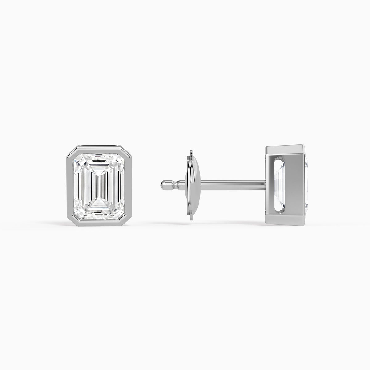 Emerald Bezel Solitaire Diamond Stud Earrings in 14K White Gold