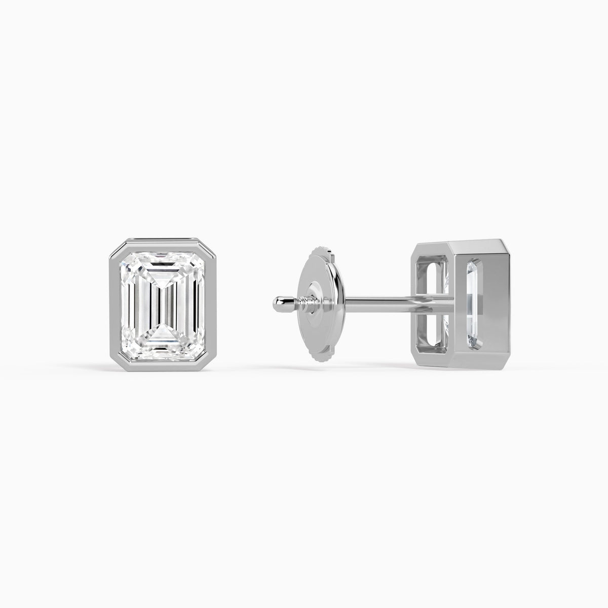 Emerald Bezel Solitaire Diamond Stud Earrings in 14K White Gold