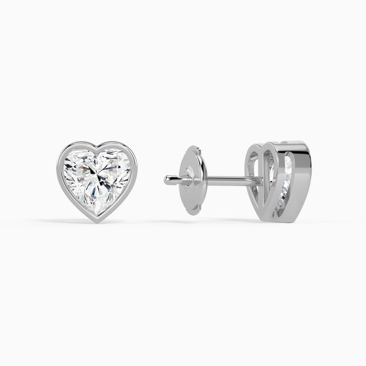 Heart Bezel Solitaire Diamond Stud Earrings in 18K White Gold