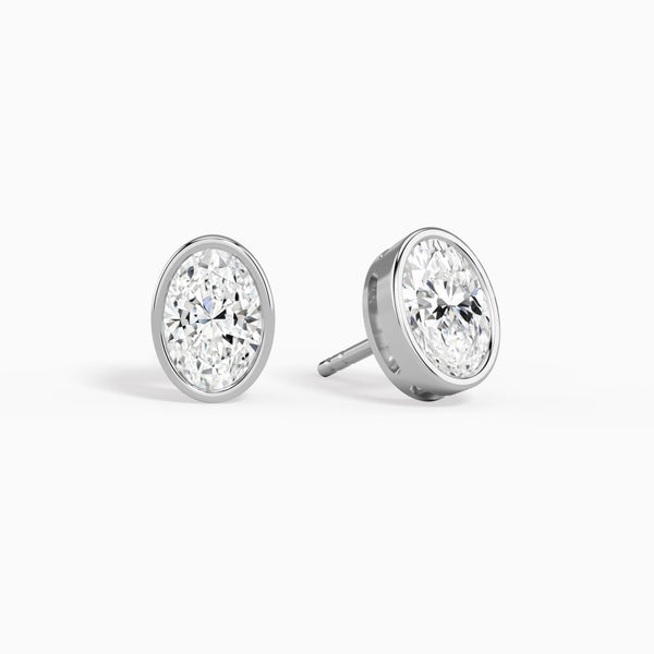 Oval Bezel Solitaire Diamond Stud Earrings in 14K White Gold