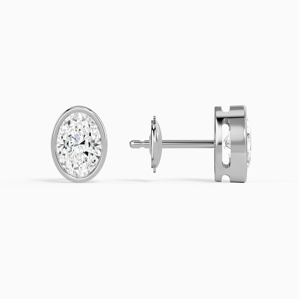 Oval Bezel Solitaire Diamond Stud Earrings in 14K White Gold