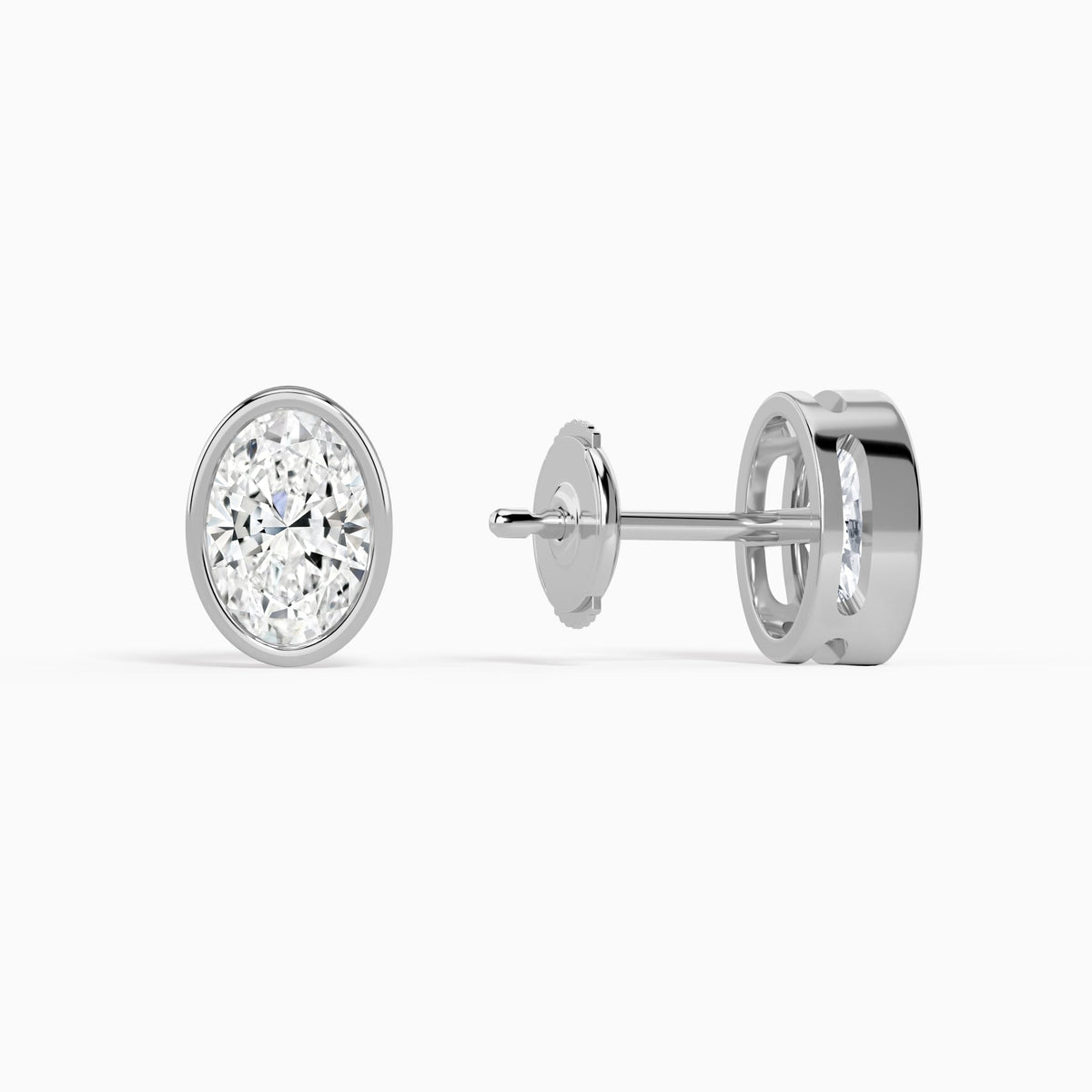 Oval Bezel Solitaire Diamond Stud Earrings in 14K White Gold