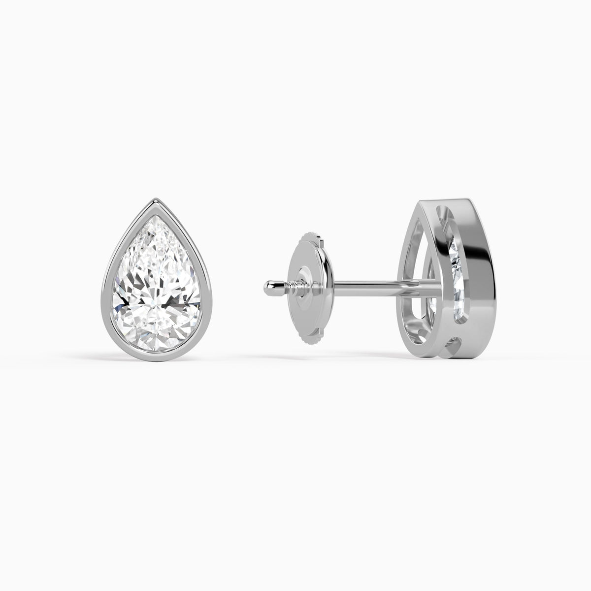 Pear Bezel Solitaire Diamond Stud Earrings in 18K White Gold