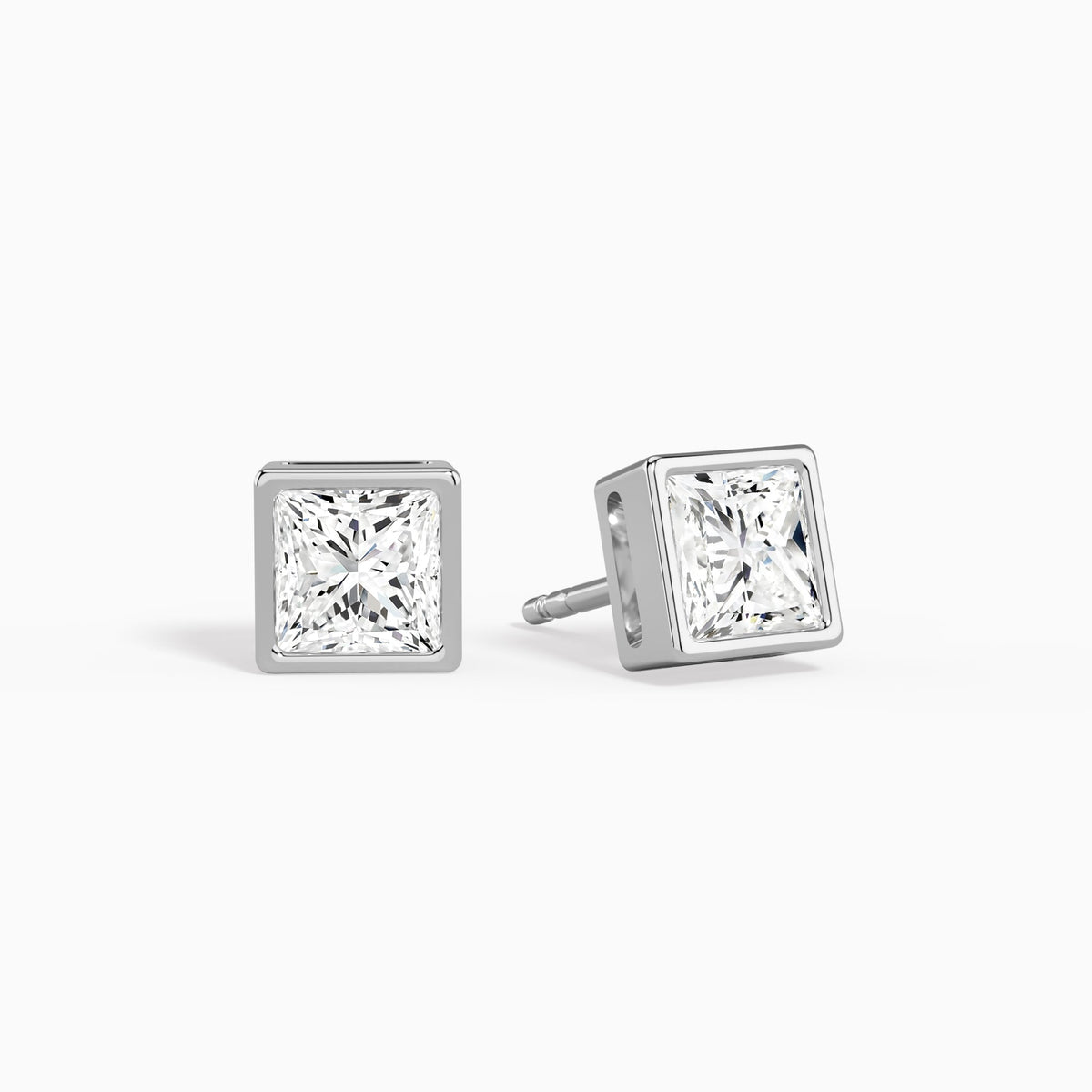 Princess Bezel Solitaire Diamond Stud Earrings in 14K White Gold