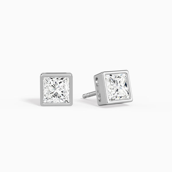 Princess Bezel Solitaire Diamond Stud Earrings in 14K White Gold