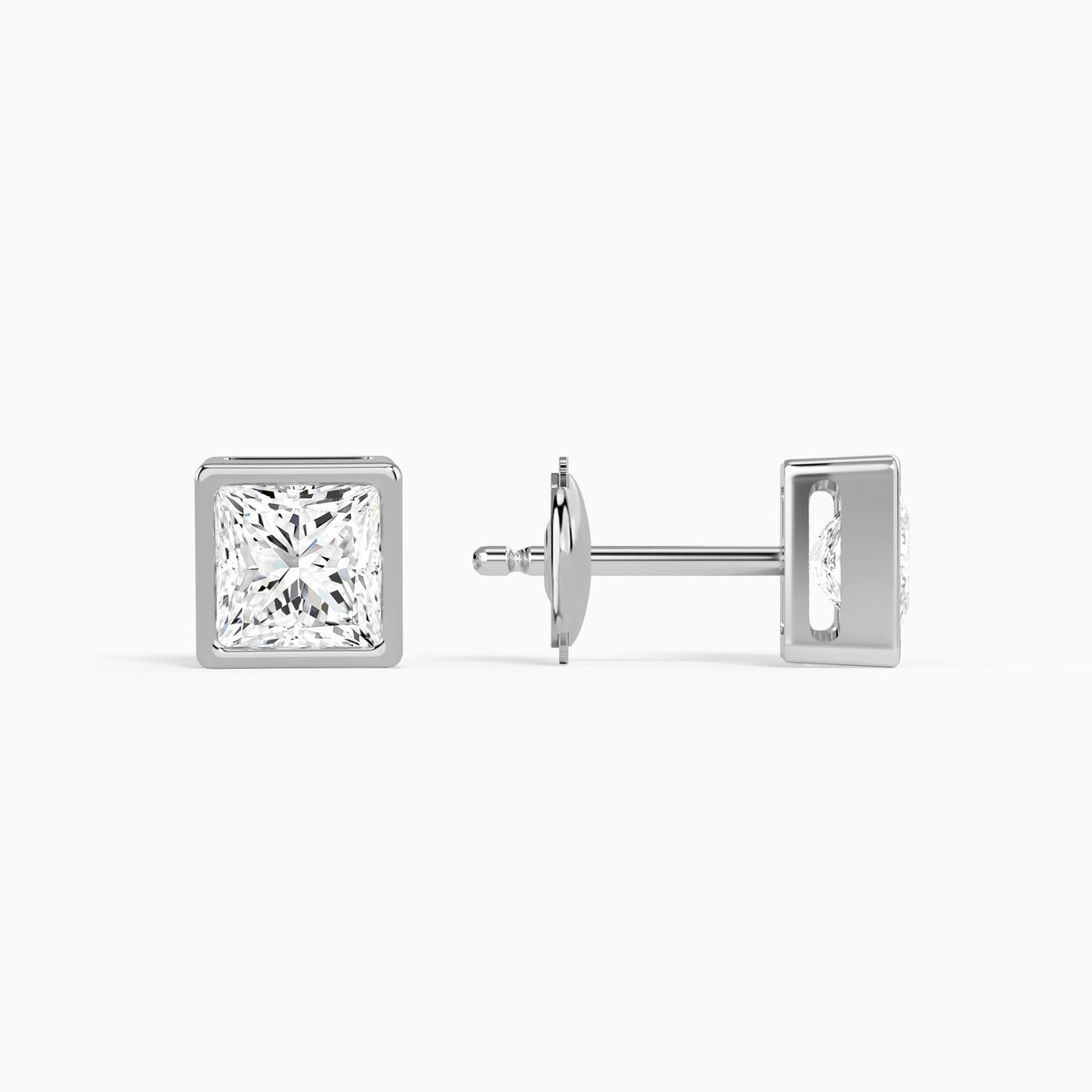 Princess Bezel Solitaire Diamond Stud Earrings in 14K White Gold