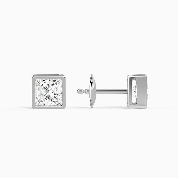 Princess Bezel Solitaire Diamond Stud Earrings in 14K White Gold