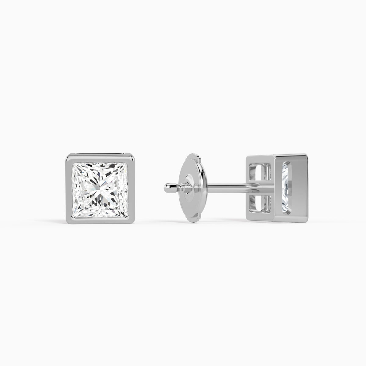 Princess Bezel Solitaire Diamond Stud Earrings in 14K White Gold