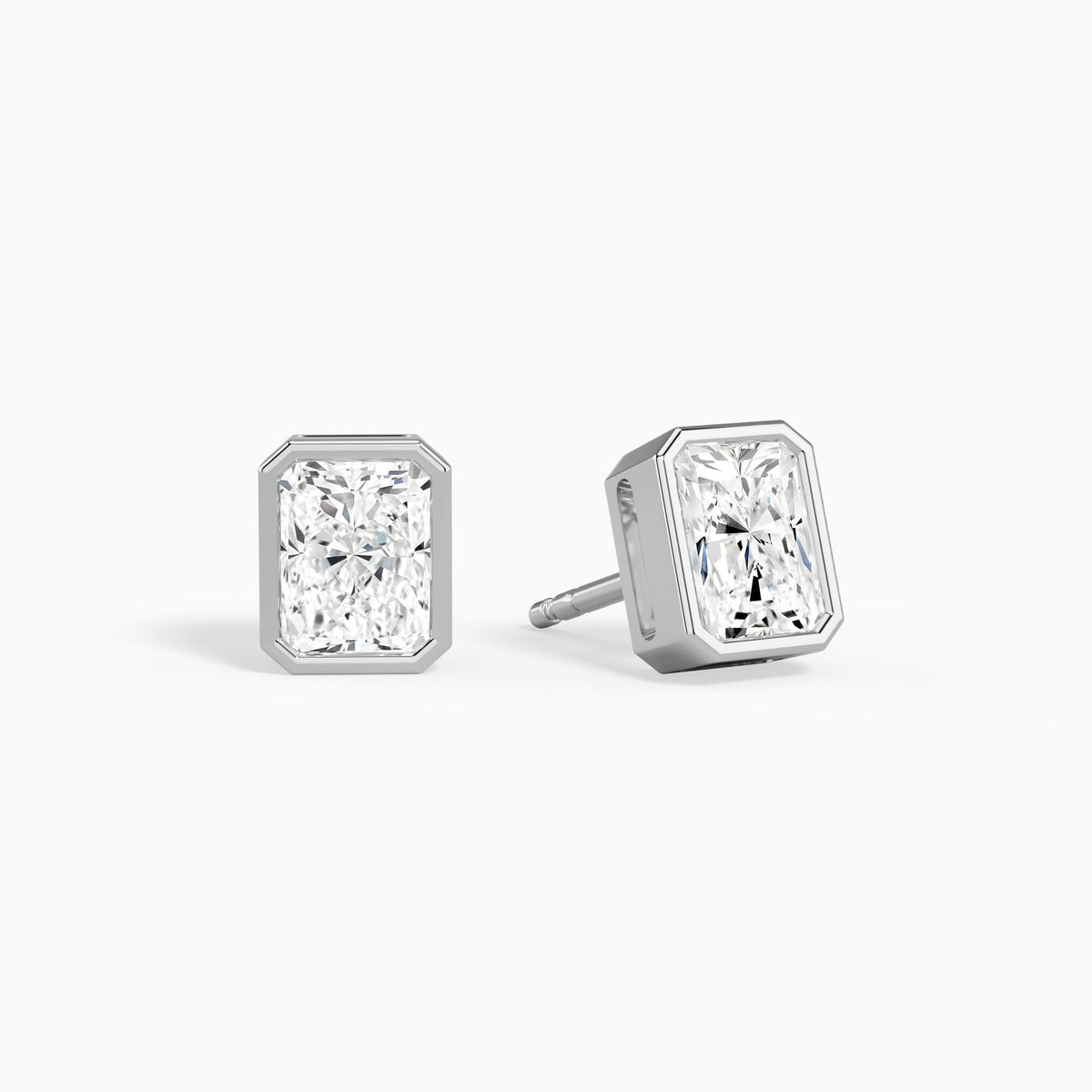 Radiant Bezel Solitaire Diamond Stud Earrings in 18K White Gold