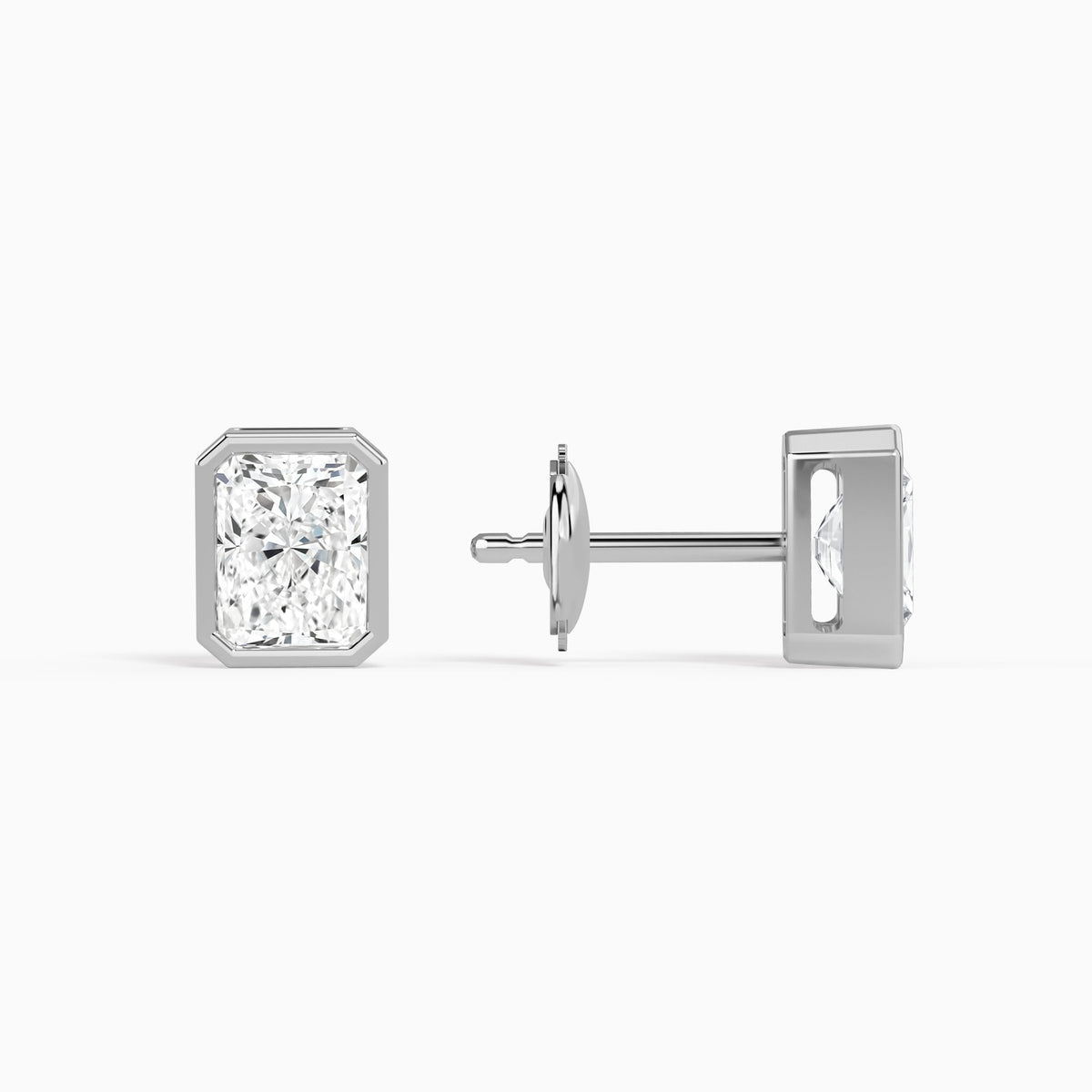 Radiant Bezel Solitaire Diamond Stud Earrings in 14K White Gold