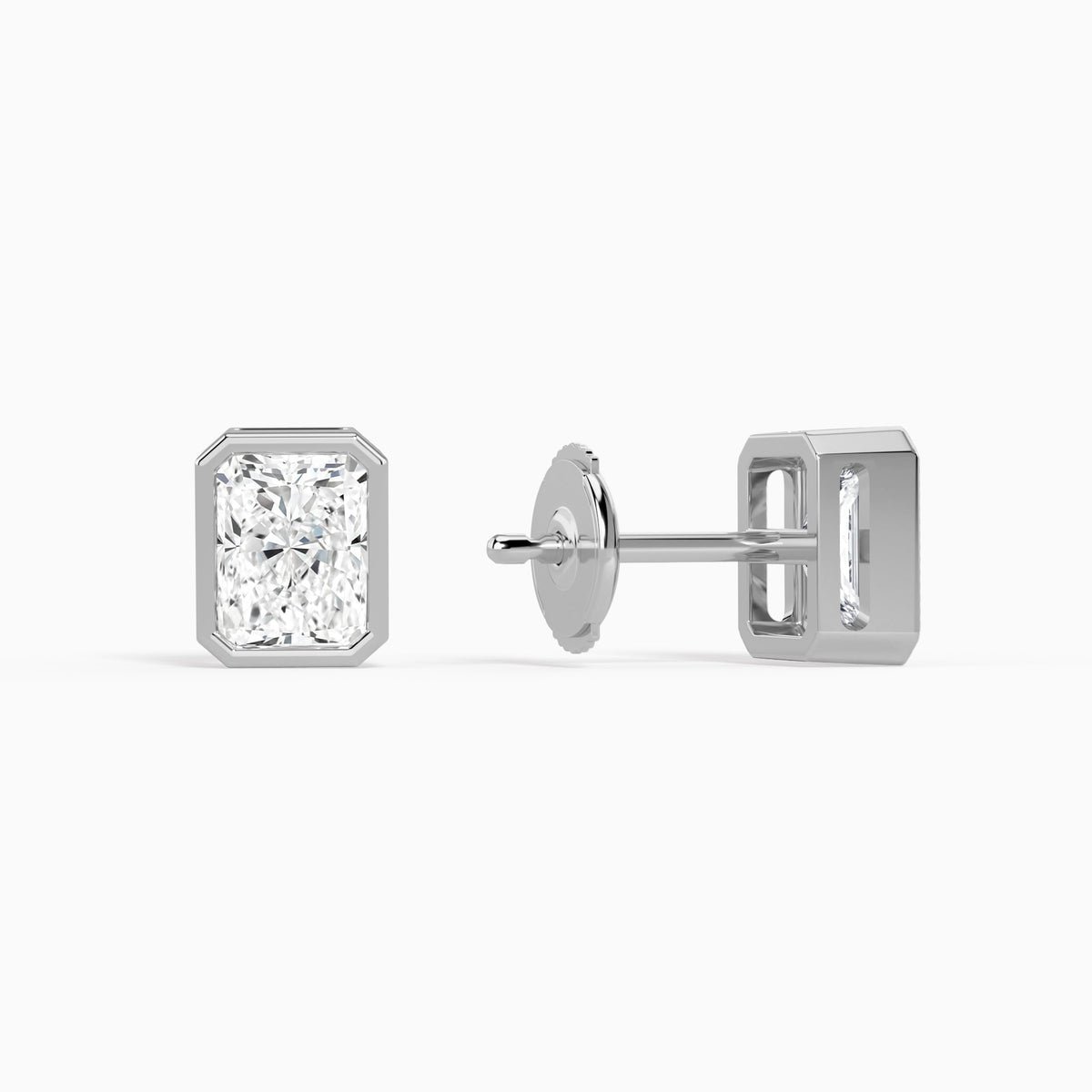 Radiant Bezel Solitaire Diamond Stud Earrings in 14K White Gold