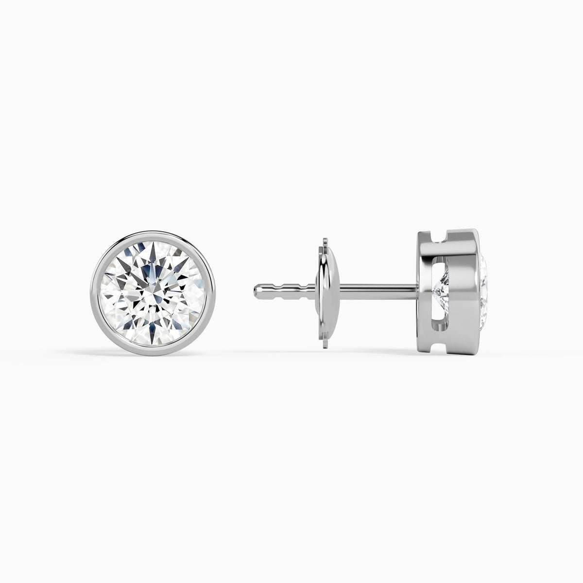 Round Bezel Solitaire Diamond Stud Earrings in 14K White Gold