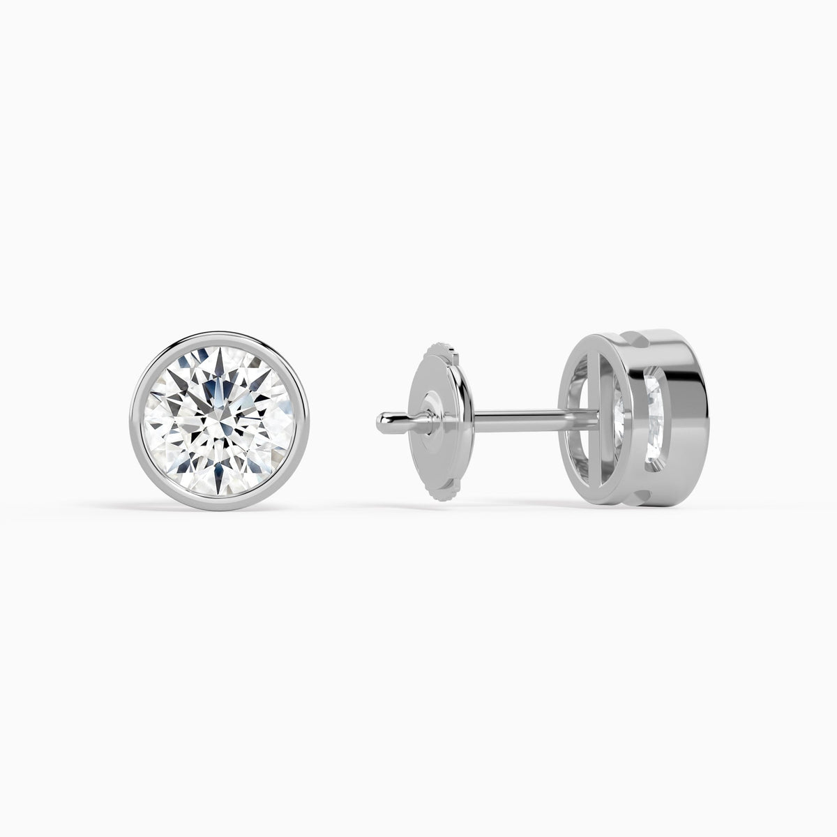 Round Bezel Solitaire Diamond Stud Earrings in 14K White Gold