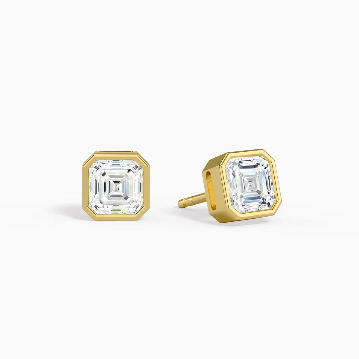 Asscher Bezel Solitaire Diamond Stud Earrings in 14K Yellow Gold