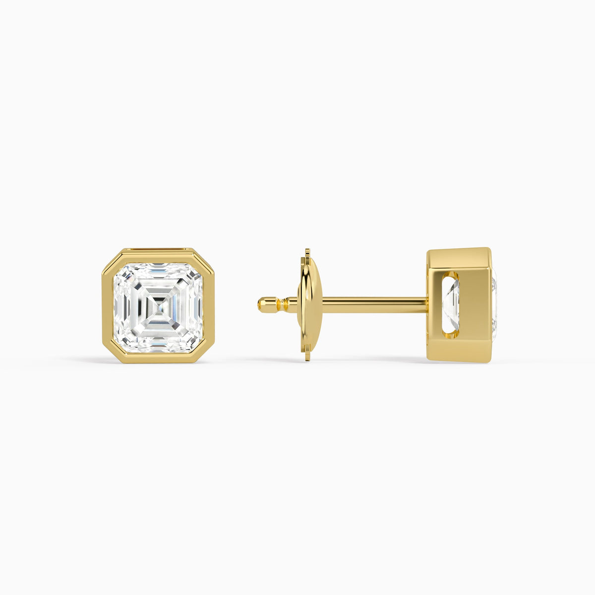 Asscher Bezel Solitaire Diamond Stud Earrings in 18K Yellow Gold