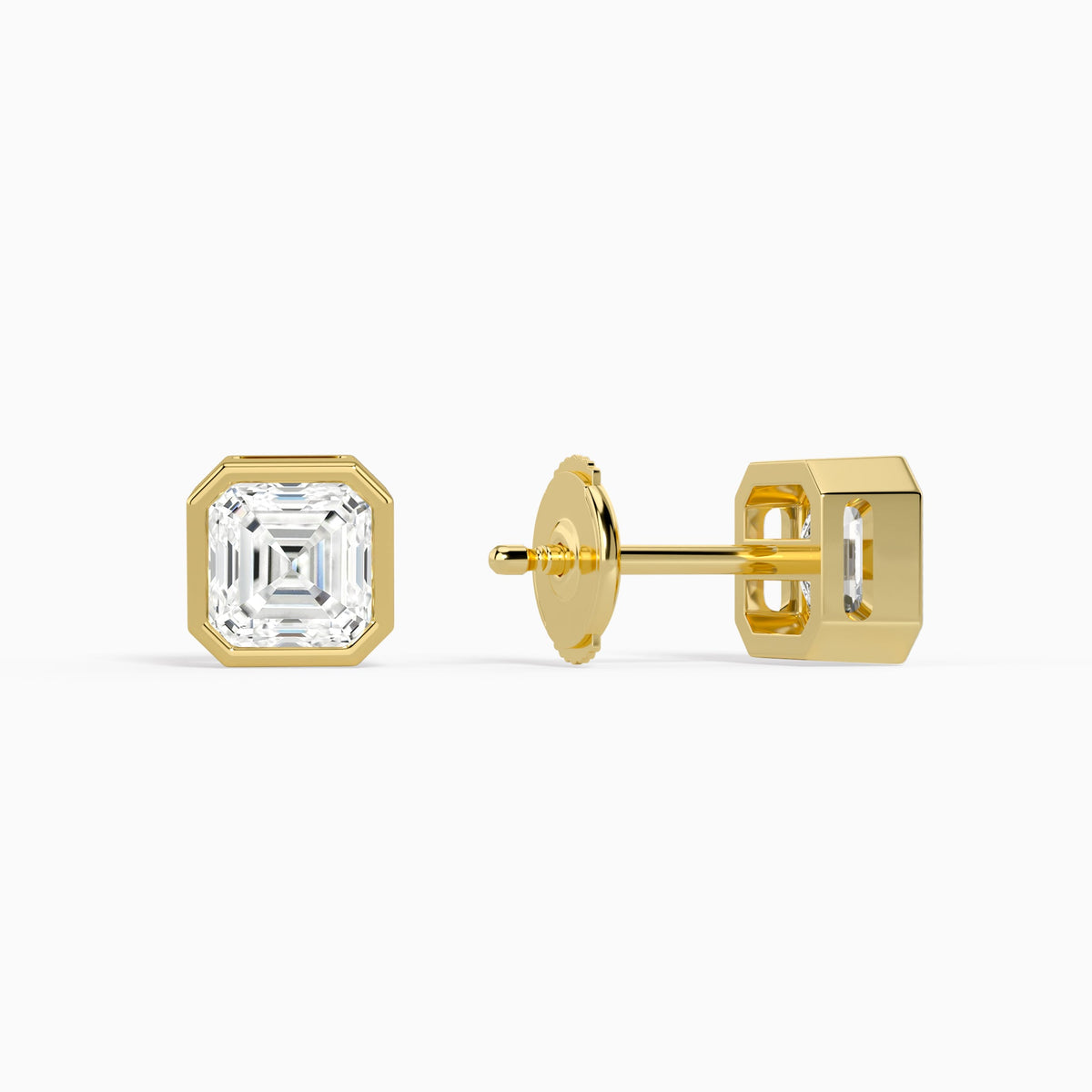 Asscher Bezel Solitaire Diamond Stud Earrings in 14K Yellow Gold