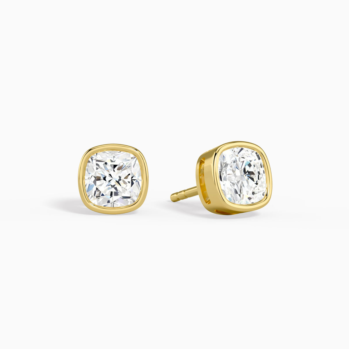 Cushion Bezel Solitaire Diamond Stud Earrings in 18K Yellow Gold