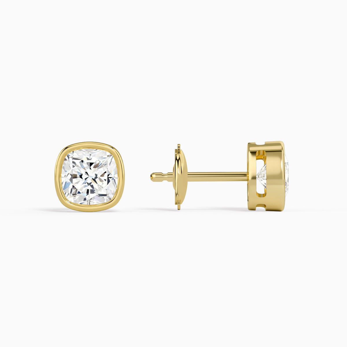 Cushion Bezel Solitaire Diamond Stud Earrings in 14K Yellow Gold