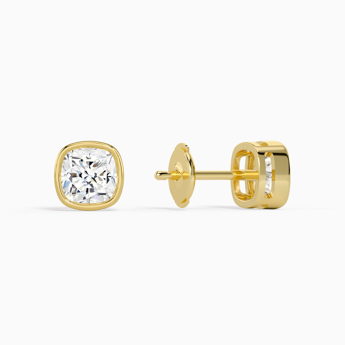Cushion Bezel Solitaire Diamond Stud Earrings in 18K Yellow Gold