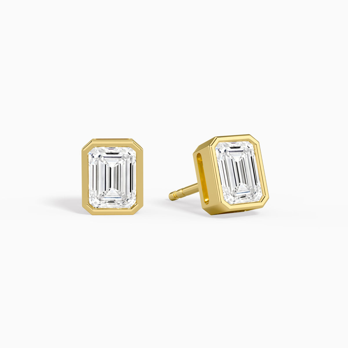 Emerald Bezel Solitaire Diamond Stud Earrings in 14K Yellow Gold