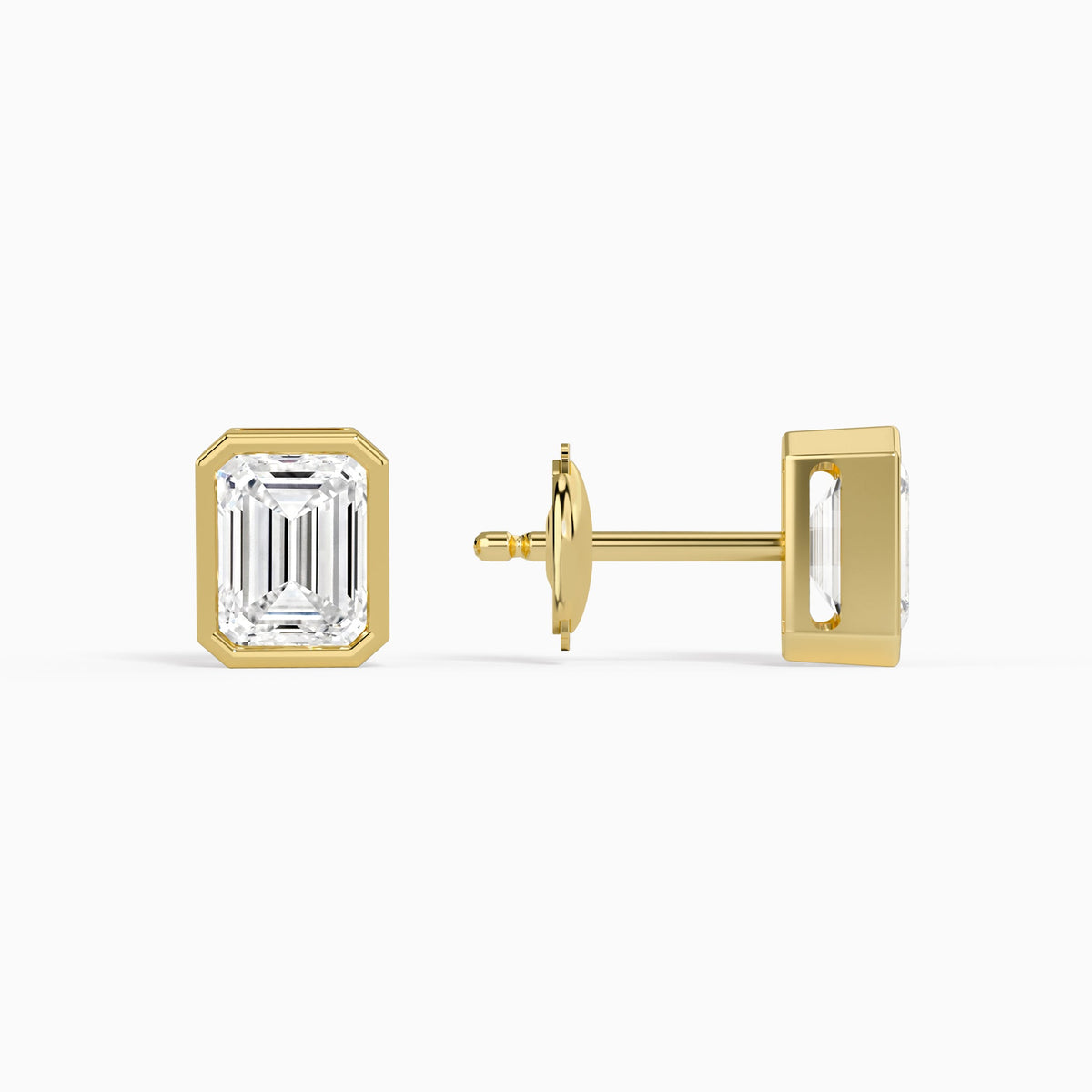 Emerald Bezel Solitaire Diamond Stud Earrings in 18K Yellow Gold