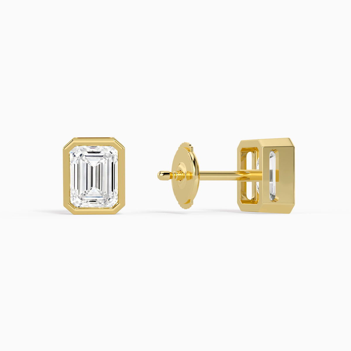 Emerald Bezel Solitaire Diamond Stud Earrings in 18K Yellow Gold