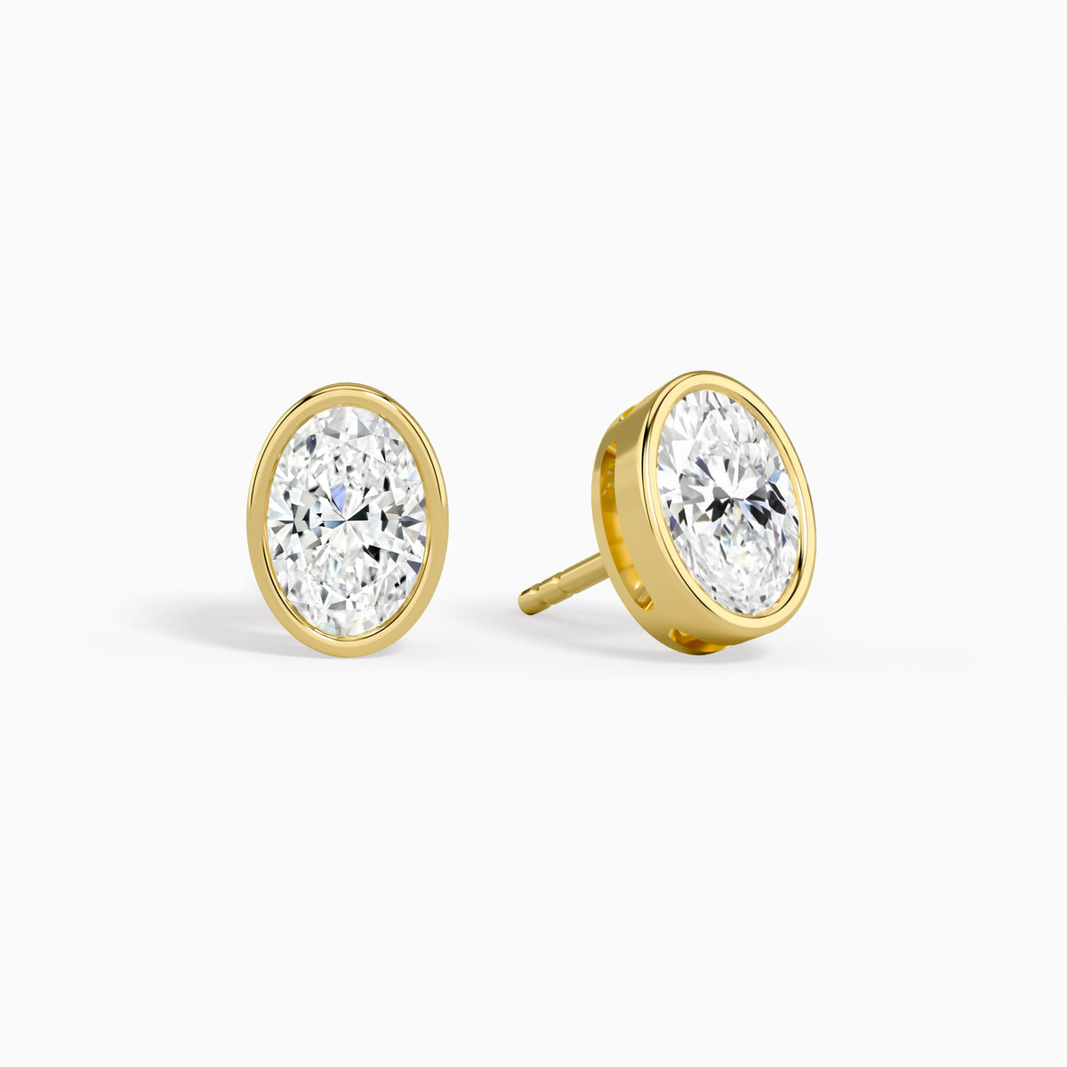 Oval Bezel Solitaire Diamond Stud Earrings in 14K Yellow Gold