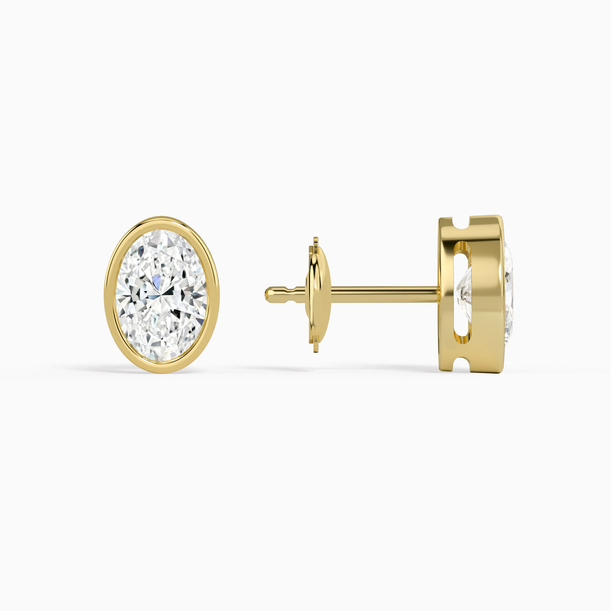 Oval Bezel Solitaire Diamond Stud Earrings in 14K Yellow Gold