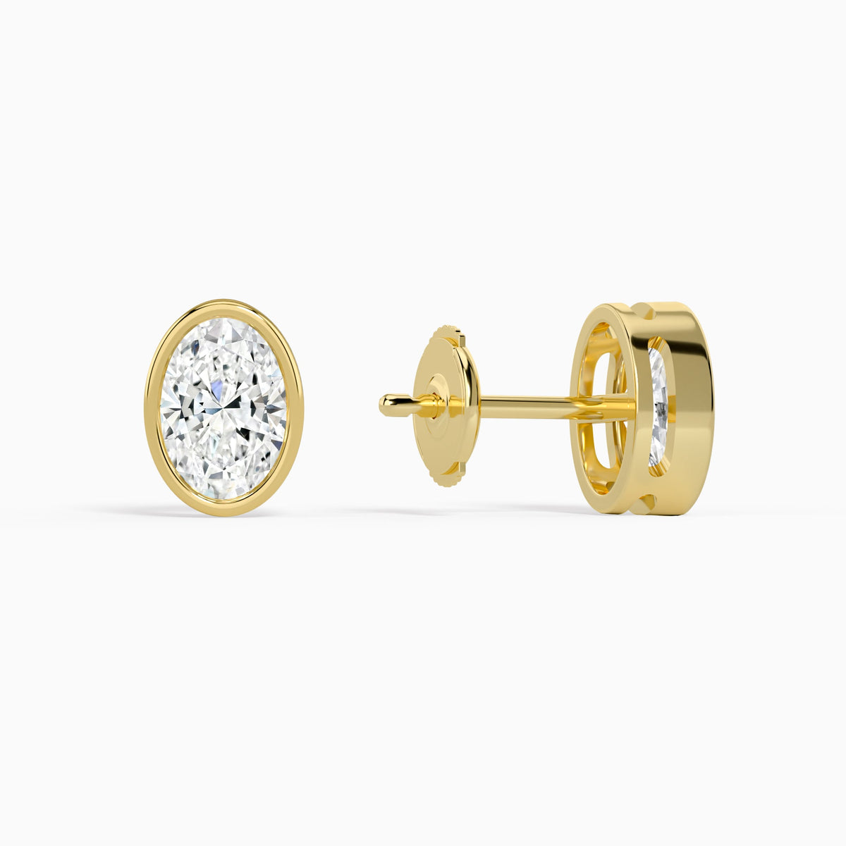 Oval Bezel Solitaire Diamond Stud Earrings in 18K Yellow Gold